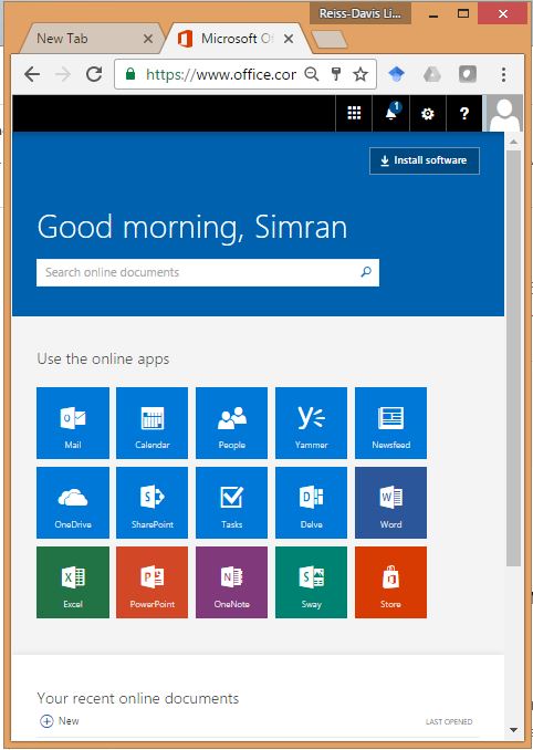 Screenshot of Office 365 dashboard tiles