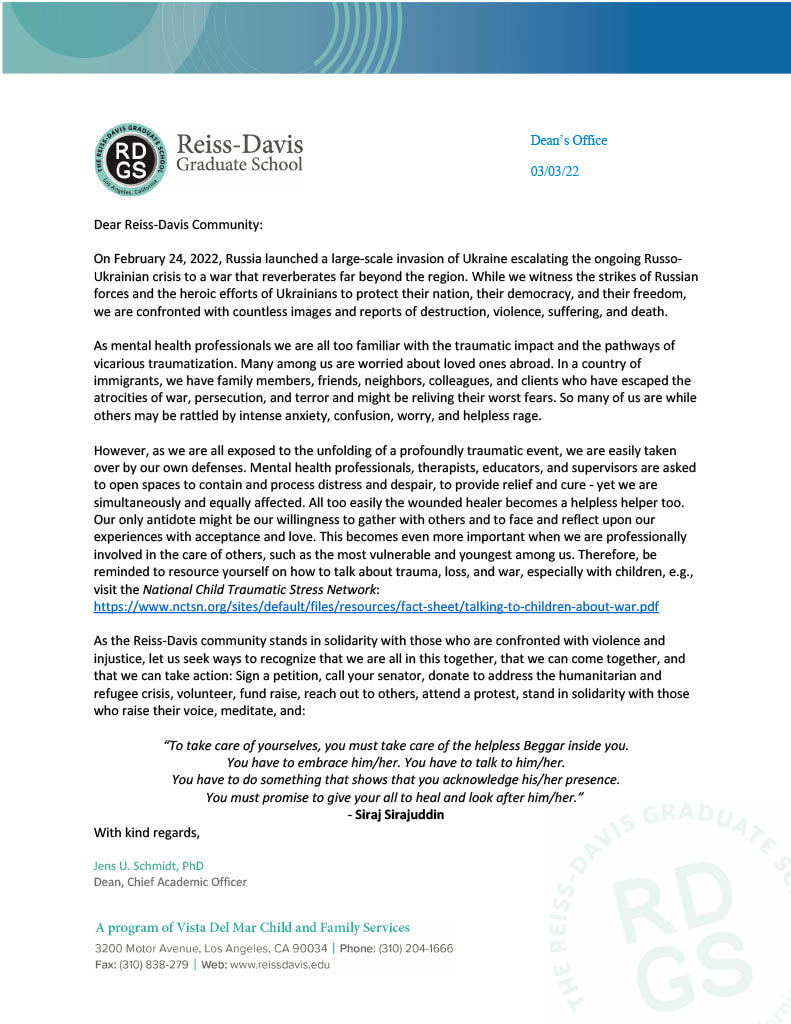 A message from the dean to the Reiss-Davis community on the conflict in Ukraine. Text is duplicated in linked pdf