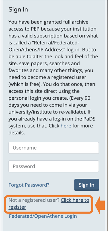 Screen Capture of the right side of the PEP archive screen upon login , stating that institutional acess has been granted, with white text boxes to log in, and link options to register for a direct log in account.