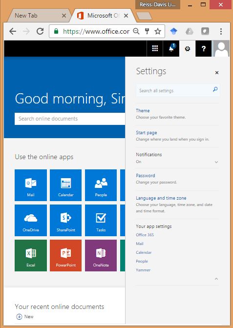 Screenshot of Office 365 Dashboard with settings menu expanded.