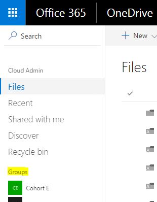 Screenshot of Office 365 OneDrive files list with Groups highlighted.